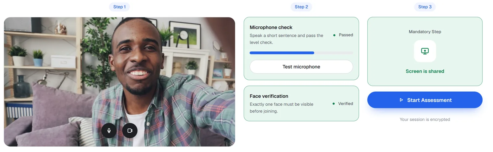 The device check: camera, microphone check passed, face verified, screen shared