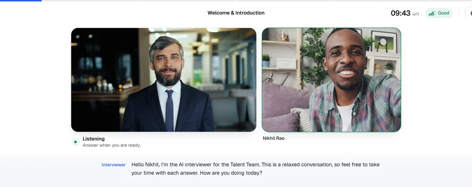 A live interview: the AI interviewer and the candidate on video, with live captions